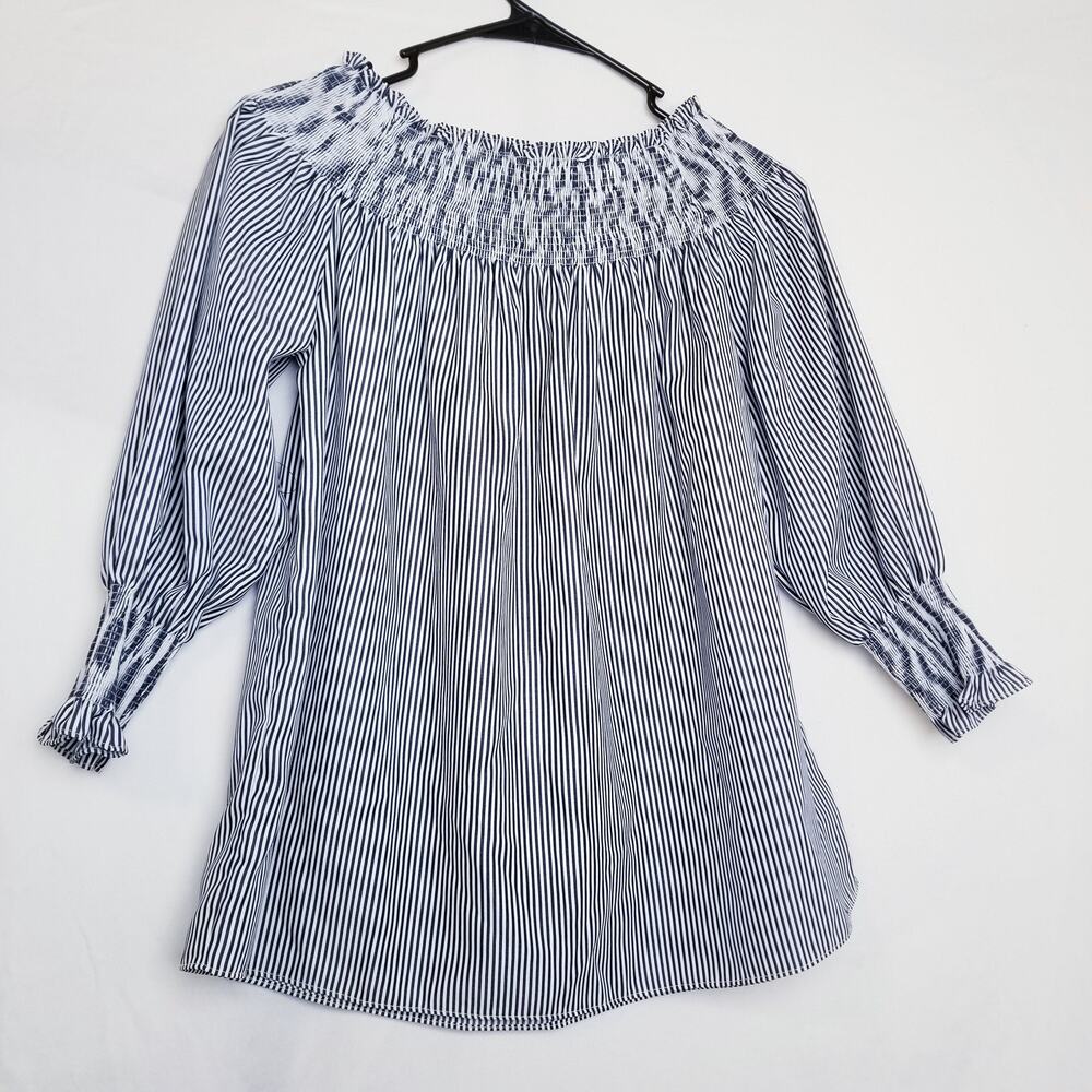 Ganji LA Woman's Blue White Striped Smocking Neck & 3/4 Sleeve Ends Size S